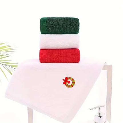 Christmas Assorted 3pc Embroidered Towel | Ultra Soft Light Beige - Absorbent Bathroom & Kitchen, Holiday Gift Red & Green, Bath Towel, Hand Towel, Festive Decor