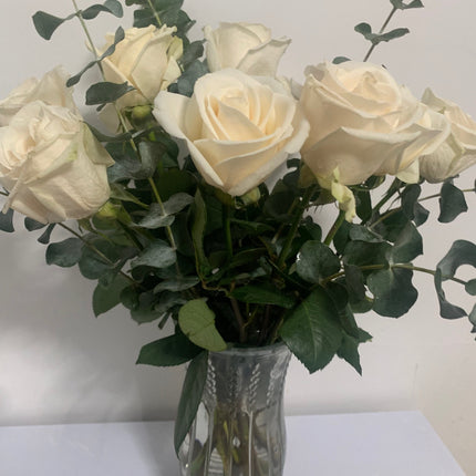 12 Stems Premium White Roses with Eucalyptus (Glass Vase Included) - Fresh Flowers for any occasions