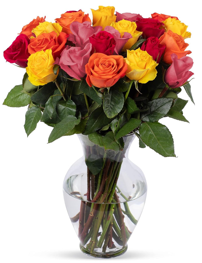 24 Stems Premium Assorted Roses (Glass Vase Included) - Fresh Flowers for any occasions