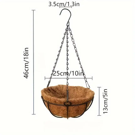 懸掛式花盆籃 - 直徑 10 英吋的圓形金屬絲植物架，椰子襯墊，含鏈條 - 非常適合室內、室外、花園、門廊和陽台裝飾，為任何空間增添綠意和美感