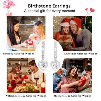 18K White Gold Plated Love Heart Drop Earrings for Women Girls S925 Sterling Silver Post April Birthstone Earrings with CZ Birthday Graduation Jewelry Gifts Teen Her Mom Adults Kids Ideas