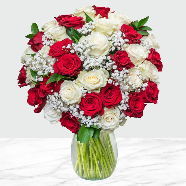 Romance Bouquet Valentines Day Red and White Fresh Cut Floral Arrangement 44-stems