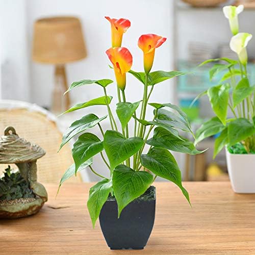 Artificial Flower Plants Calla Lily Faux Small Potted Plant with Black Pot Fake Bonsai Flower for Home, Office, Indoor and Outdoor Occasions Decor (Orange Fake Flower)