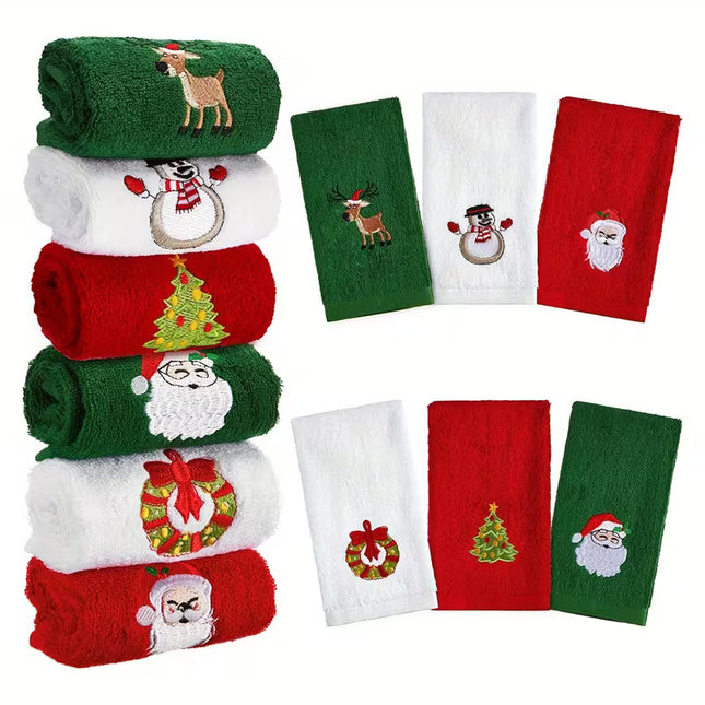 Christmas Assorted 3pc Embroidered Towel | Ultra Soft Light Beige - Absorbent Bathroom & Kitchen, Holiday Gift Red & Green, Bath Towel, Hand Towel, Festive Decor