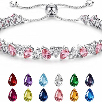 Birthstone Tennis Bracelet Pear Cut 925 Silver, Celtic Knot Adjust 6-9