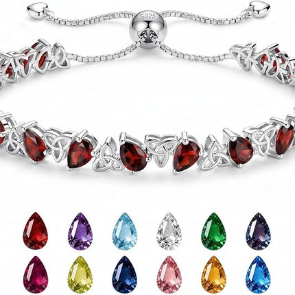 Birthstone Tennis Bracelet Pear Cut 925 Silver, Celtic Knot Adjust 6-9