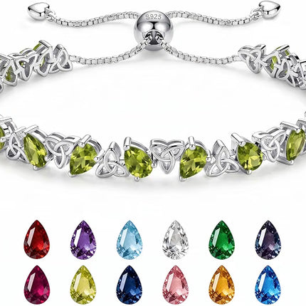 Birthstone Tennis Bracelet Pear Cut 925 Silver, Celtic Knot Adjust 6-9