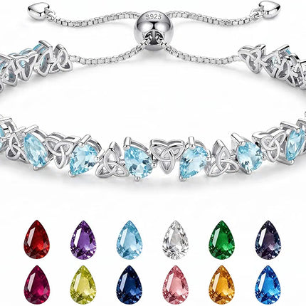 Birthstone Tennis Bracelet Pear Cut 925 Silver, Celtic Knot Adjust 6-9