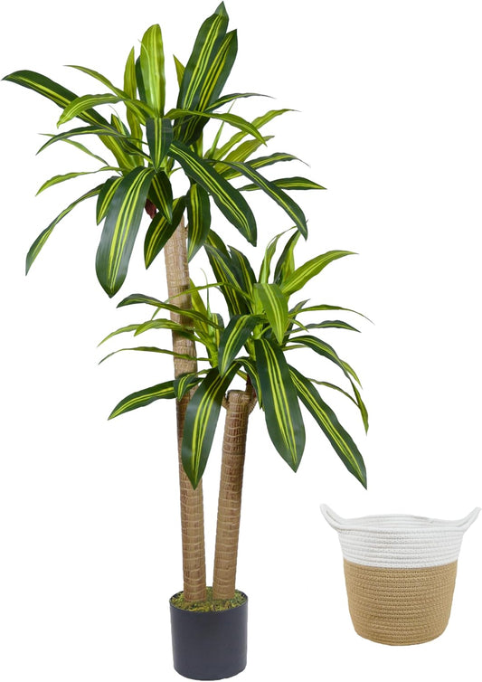 Artificial Dracaena Tree 5ft Tall Fake Dracaena Plant with Basket, Indoor Outdoor Faux Topiary Yucca Trees for Office Home Living Room Porch Patio Décor