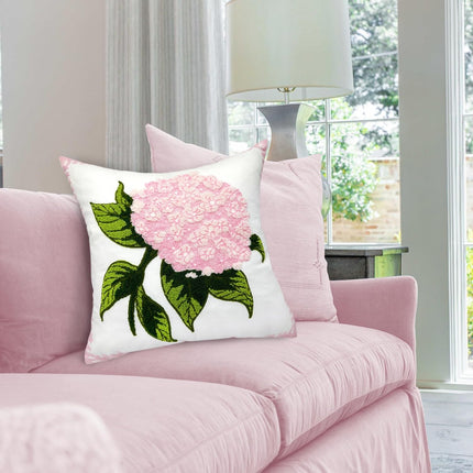 Hydrangea Embroidered Decorative Throw Pillow Covers 18"x 18" Set of 2, Summer Floral Tufted Patterned Hot Pink Cotton Cushion Cases