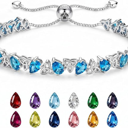 Birthstone Tennis Bracelet Pear Cut 925 Silver, Celtic Knot Adjust 6-9