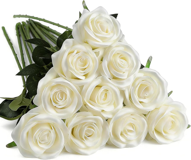 Fake White Roses Bouquet Valentines Floral Arrangement for any Events and Occasions