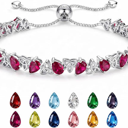 Birthstone Tennis Bracelet Pear Cut 925 Silver, Celtic Knot Adjust 6-9