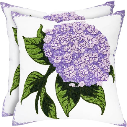 Hydrangea Embroidered Decorative Throw Pillow Covers 18"x 18" Set of 2, Summer Floral Tufted Patterned Hot Pink Cotton Cushion Cases