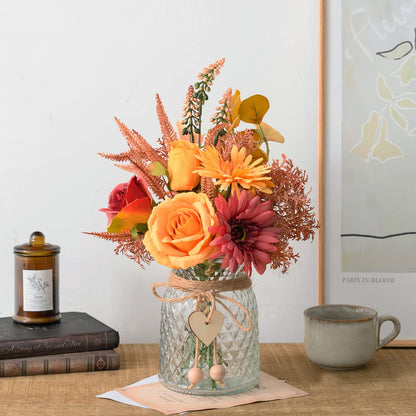 Artificial Flowers with Vase, Faux Silk Flowers Arrangement in Vase, Rustic Home Office Decorations, Farmhouse Dining Table Decor, Coffee Table Centerpiece, Fall Table Plant Decor