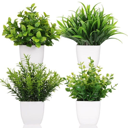 4 Small Fake Plant Flowerpot Artificial Plastic Eucalyptus Plant Wheat Grass Shrub Plant Indoor Desk Coffee Table Bathroom Bedroom Home Decoration