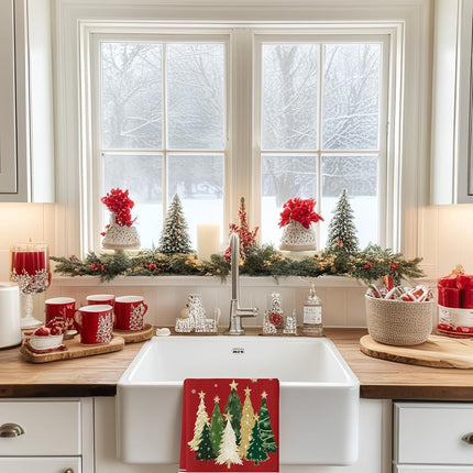 2-Pack Happy Christmas Tree Towels - Super Absorbent Microfiber, Odorless Fabric, Festive Red & White Design with Snowflakes, Perfect for Home Decor, Hand Towels for Home, Christmas Decor