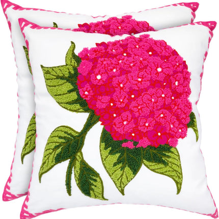 Hydrangea Embroidered Decorative Throw Pillow Covers 18"x 18" Set of 2, Summer Floral Tufted Patterned Hot Pink Cotton Cushion Cases
