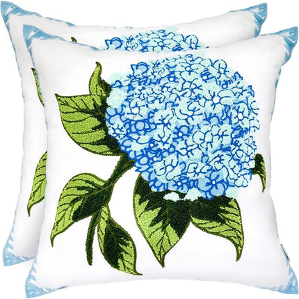 Hydrangea Embroidered Decorative Throw Pillow Covers 18"x 18" Set of 2, Summer Floral Tufted Patterned Hot Pink Cotton Cushion Cases