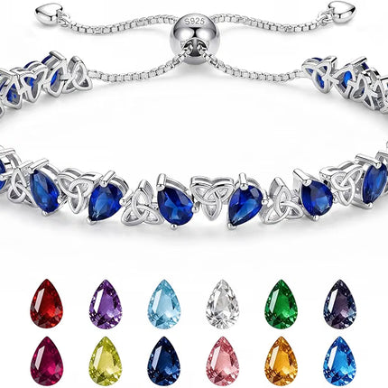 Birthstone Tennis Bracelet Pear Cut 925 Silver, Celtic Knot Adjust 6-9
