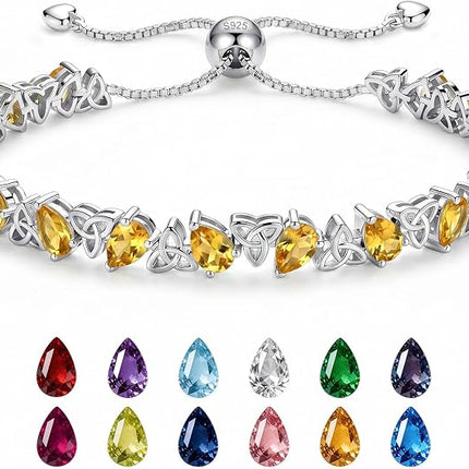 Birthstone Tennis Bracelet Pear Cut 925 Silver, Celtic Knot Adjust 6-9