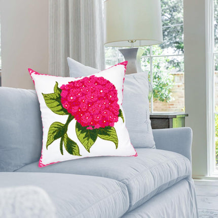 Hydrangea Embroidered Decorative Throw Pillow Covers 18"x 18" Set of 2, Summer Floral Tufted Patterned Hot Pink Cotton Cushion Cases