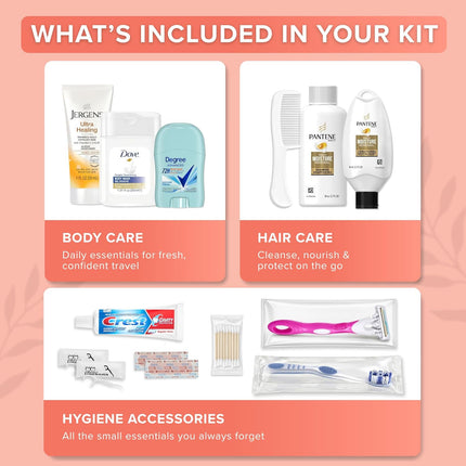 15-Piece Women’s Travel Kit – Premium Brand-Name Shampoo, Conditioner, Body Wash, Deodorant & Toothpaste, TSA Approved Travel Size Set with Clear Bag