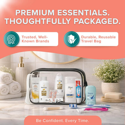 15-Piece Women’s Travel Kit – Premium Brand-Name Shampoo, Conditioner, Body Wash, Deodorant & Toothpaste, TSA Approved Travel Size Set with Clear Bag