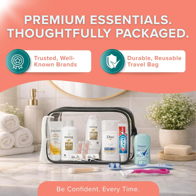 15-Piece Women’s Travel Kit – Premium Brand-Name Shampoo, Conditioner, Body Wash, Deodorant & Toothpaste, TSA Approved Travel Size Set with Clear Bag