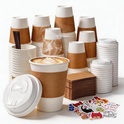 100 count Paper Coffee Cups with Lids for Hot Beverage, Ideal for Pub, Party, Office White