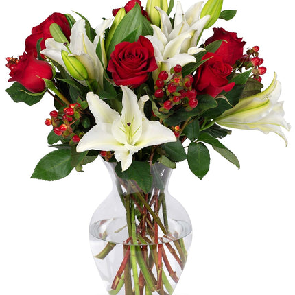 Red Roses and Hypericum and Lilies (Glass Vase Included) - Fresh Flowers for any occasion