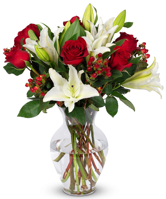 Red Roses and Hypericum and Lilies (Glass Vase Included) - Fresh Flowers for any occasion