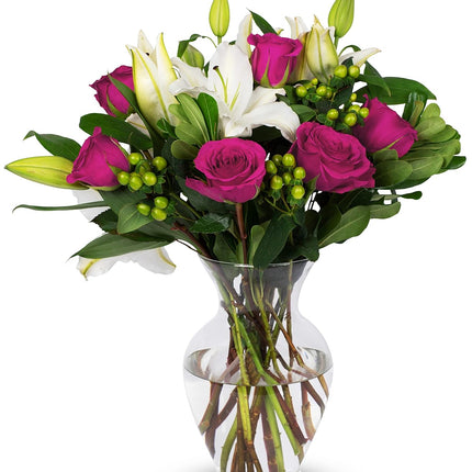 Pink Roses and Hypericum and Lilies (Glass Vase Included) - Fresh Flowers for any occasion