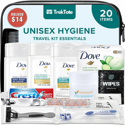 20 Piece Unisex Travel Hygiene Kit with Toiletries & Personal Care Essentials, TSA-Compliant, Individual and Bulk Packs Available