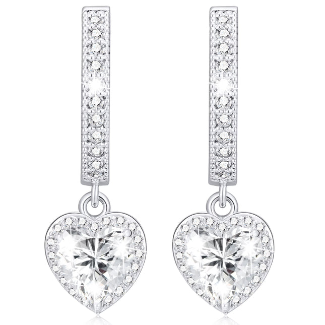 18K White Gold Plated Love Heart Drop Earrings for Women Girls S925 Sterling Silver Post April Birthstone Earrings with CZ Birthday Graduation Jewelry Gifts Teen Her Mom Adults Kids Ideas