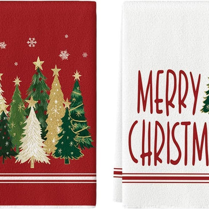 2-Pack Happy Christmas Tree Towels - Super Absorbent Microfiber, Odorless Fabric, Festive Red & White Design with Snowflakes, Perfect for Home Decor, Hand Towels for Home, Christmas Decor