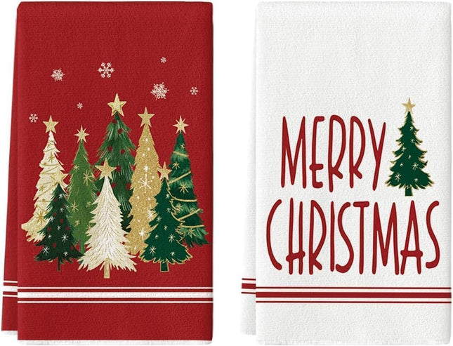 2-Pack Happy Christmas Tree Towels - Super Absorbent Microfiber, Odorless Fabric, Festive Red & White Design with Snowflakes, Perfect for Home Decor, Hand Towels for Home, Christmas Decor
