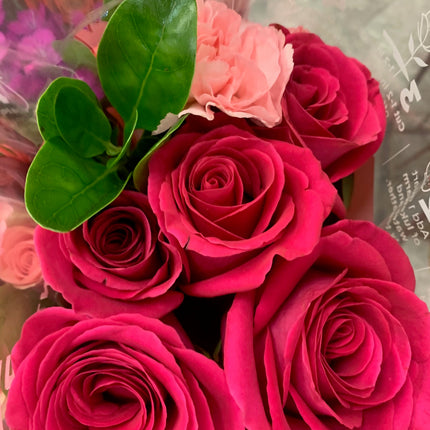 Fresh flower bouquet - Hot Pink Roses and Carnation Greenery for any occasions Mother Day and Father Day