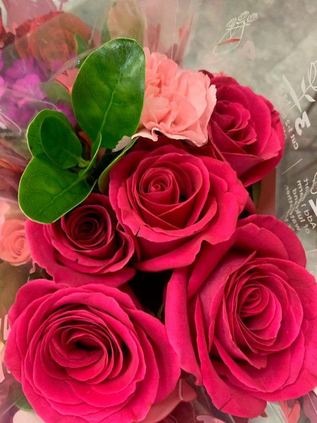 Fresh flower bouquet - Hot Pink Roses and Carnation Greenery for any occasions Mother Day and Father Day