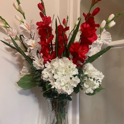 Fake Silk White Hydrangea with Gladiolus White and Red bundle