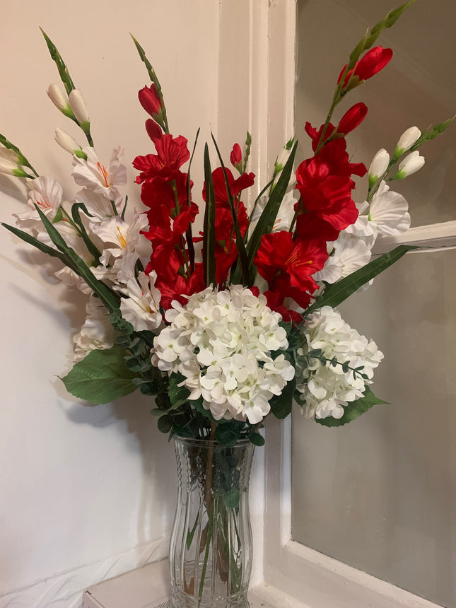 Fake Silk White Hydrangea with Gladiolus White and Red bundle
