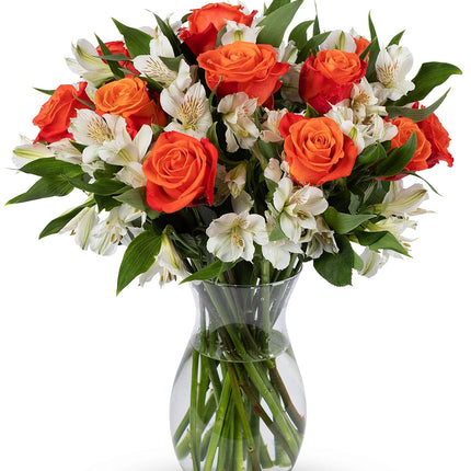 Orange Roses and White Alstroemeria (Glass Vase Included) - Fresh Flowers for any occasion