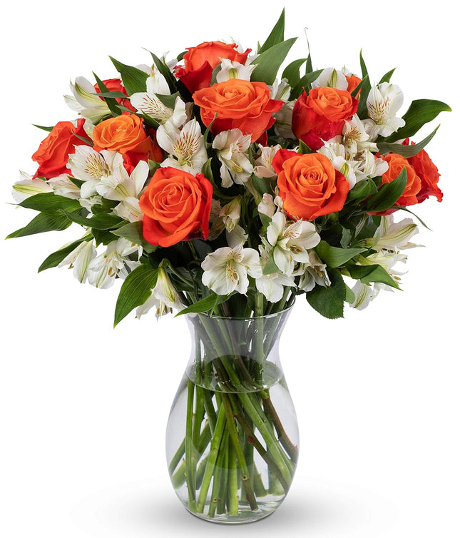 Orange Roses and White Alstroemeria (Glass Vase Included) - Fresh Flowers for any occasion