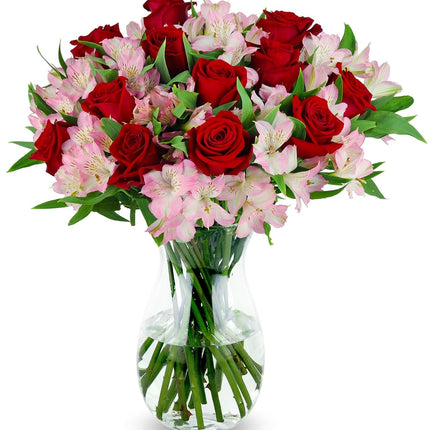 Red Roses and Pink Alstroemeria (Glass Vase Included) - Fresh Flowers for any occasion