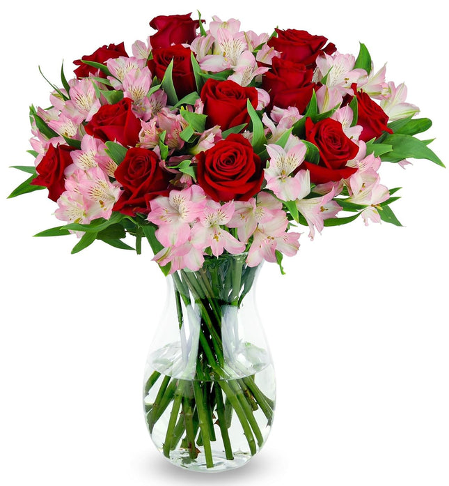 Red Roses and Pink Alstroemeria (Glass Vase Included) - Fresh Flowers for any occasion