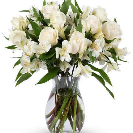White Roses and White Alstroemeria (Glass Vase Included) - Fresh Flowers for any occasion