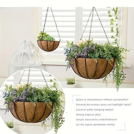 懸掛式花盆籃 - 直徑 10 英吋的圓形金屬絲植物架，椰子襯墊，含鏈條 - 非常適合室內、室外、花園、門廊和陽台裝飾，為任何空間增添綠意和美感