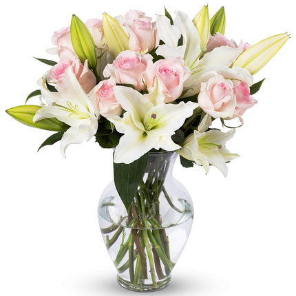 Oriental Lilies & Pink Roses (Glass Vase Included) - Fresh Flowers for any occasions
