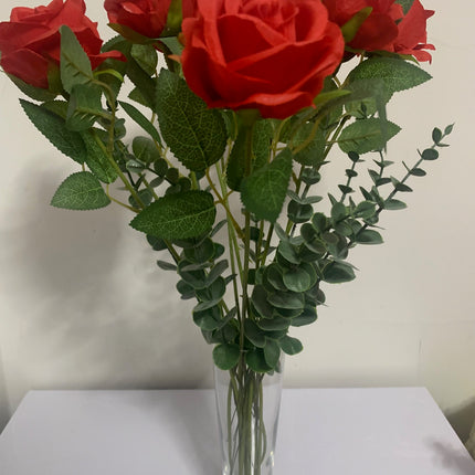 Fake Silk Red Roses  Eucalyptus Leaves bundle