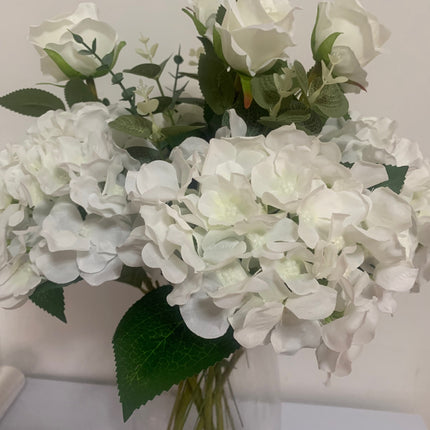 Fake Silk White Hydrangea with Roses  Eucalyptus Leaves bundle
